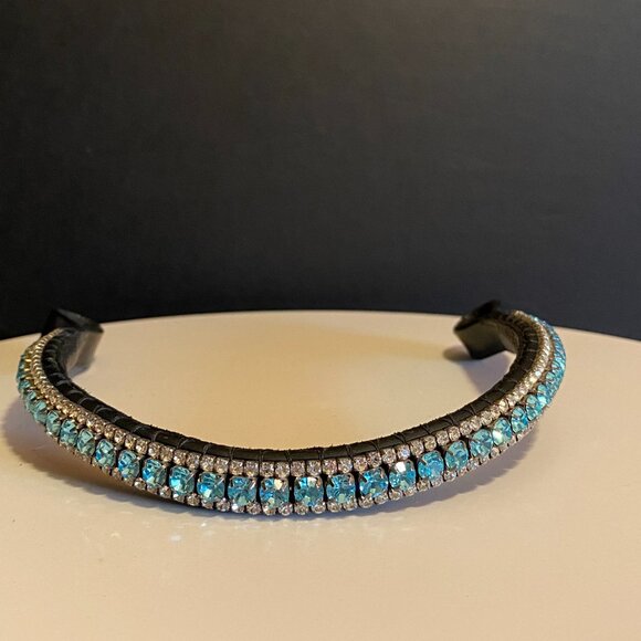 Black Leather Equestrian Bridle Browband - Clear and Blue Crystals - Cob - Picture 3 of 10